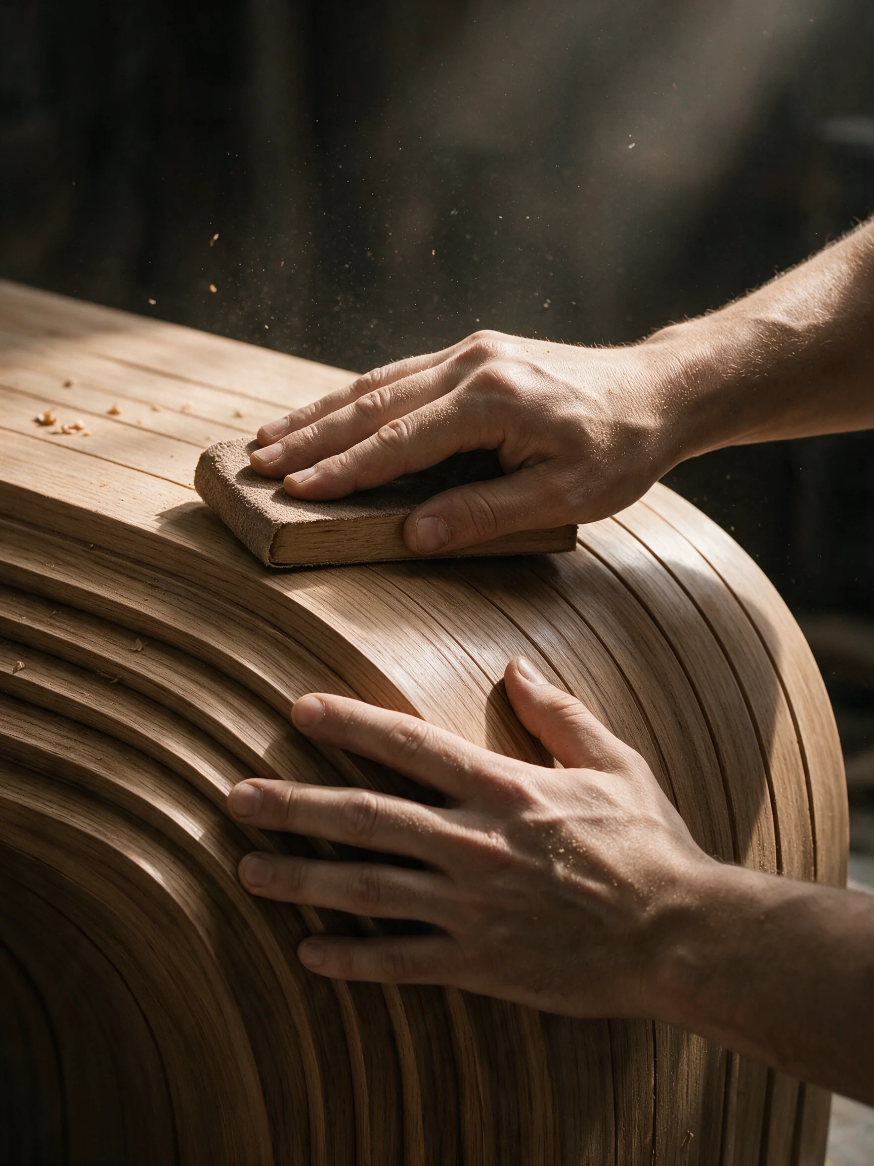 Hands hand-finishing a layered teak surface