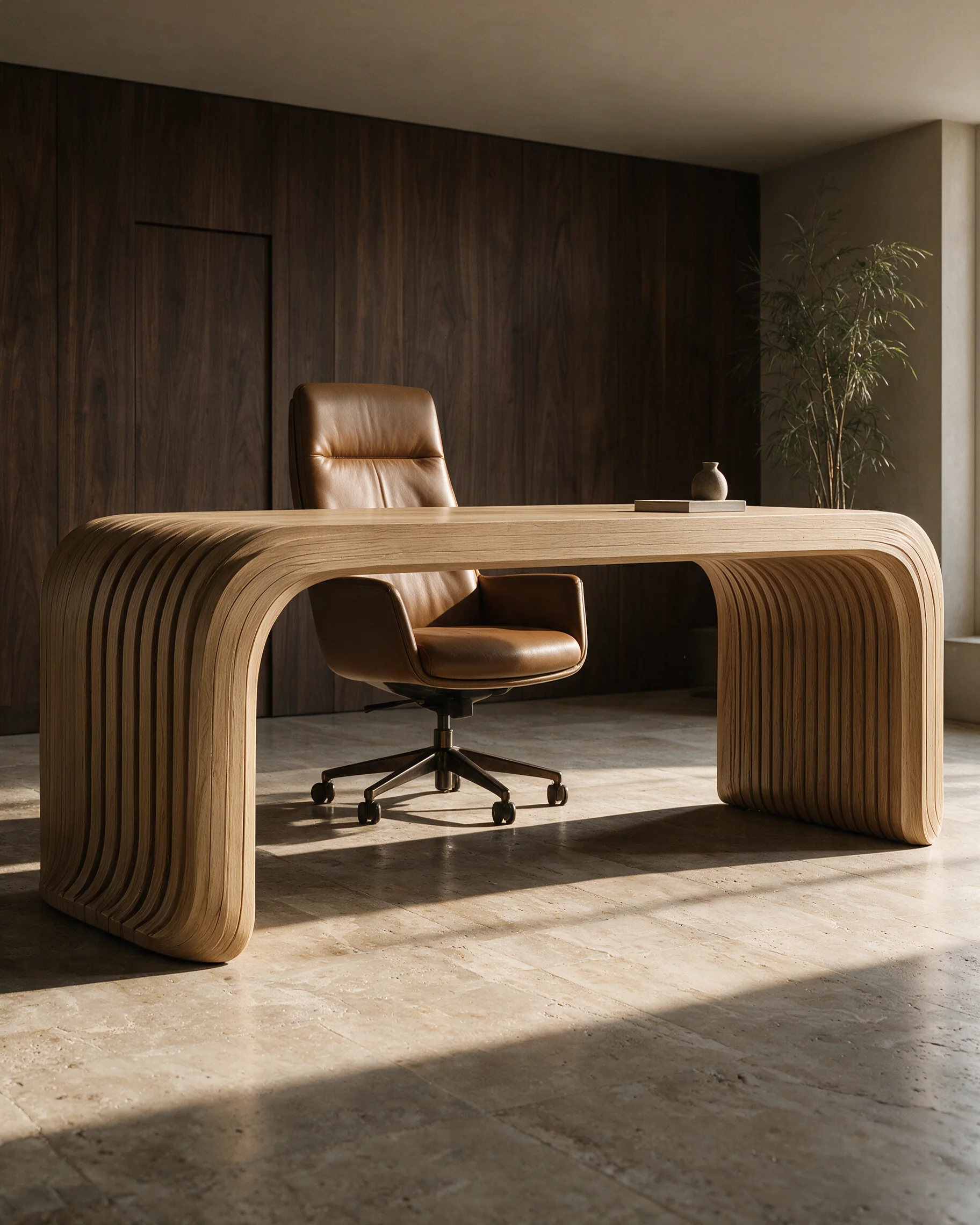 Executive Desk and Executive Chair in a dark stone office