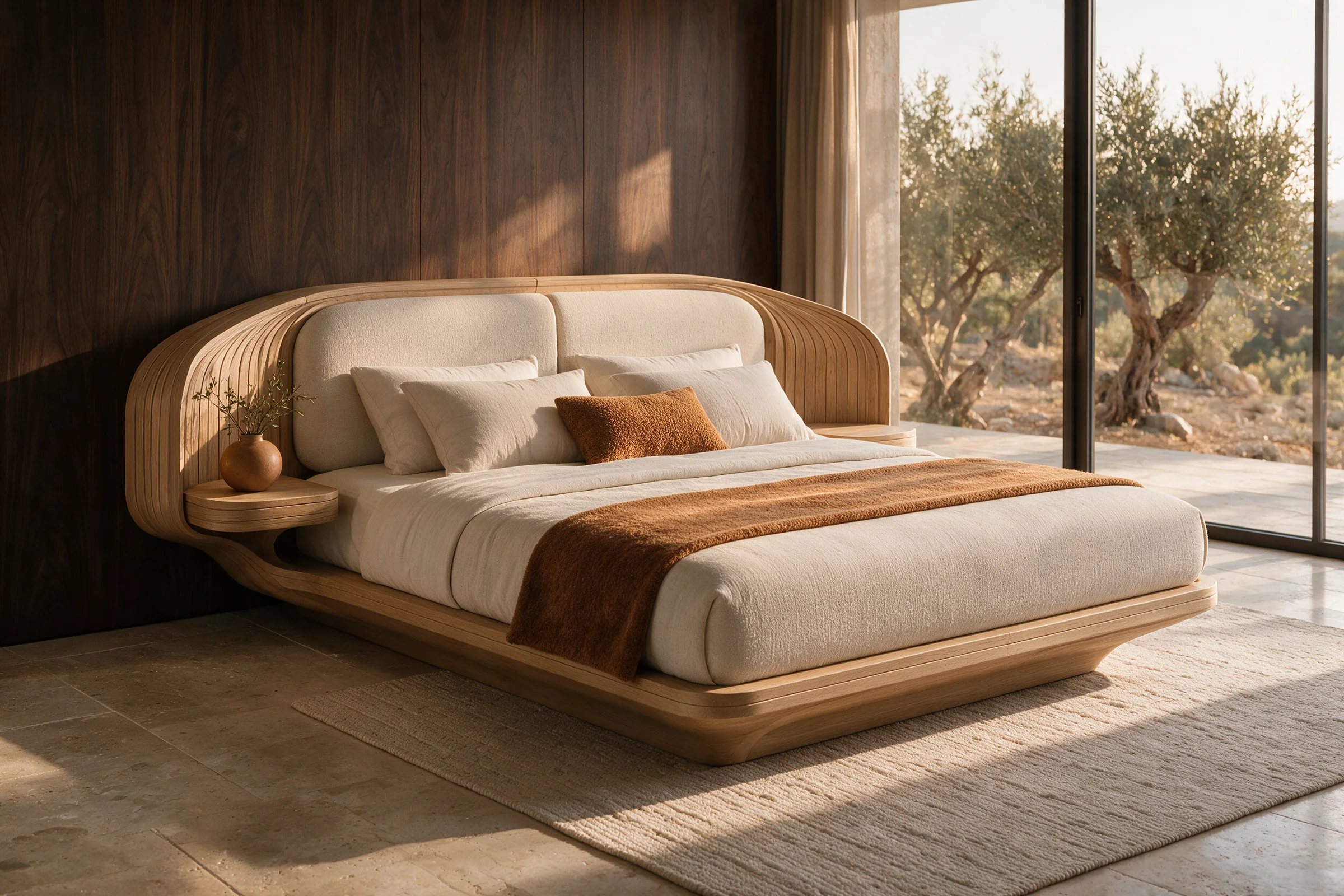 Hotel room with the ALUR Bed and integrated nightstands