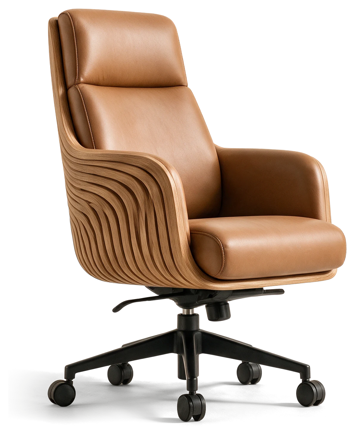 Executive Chair in cognac leather with layered teak shell, three-quarter view