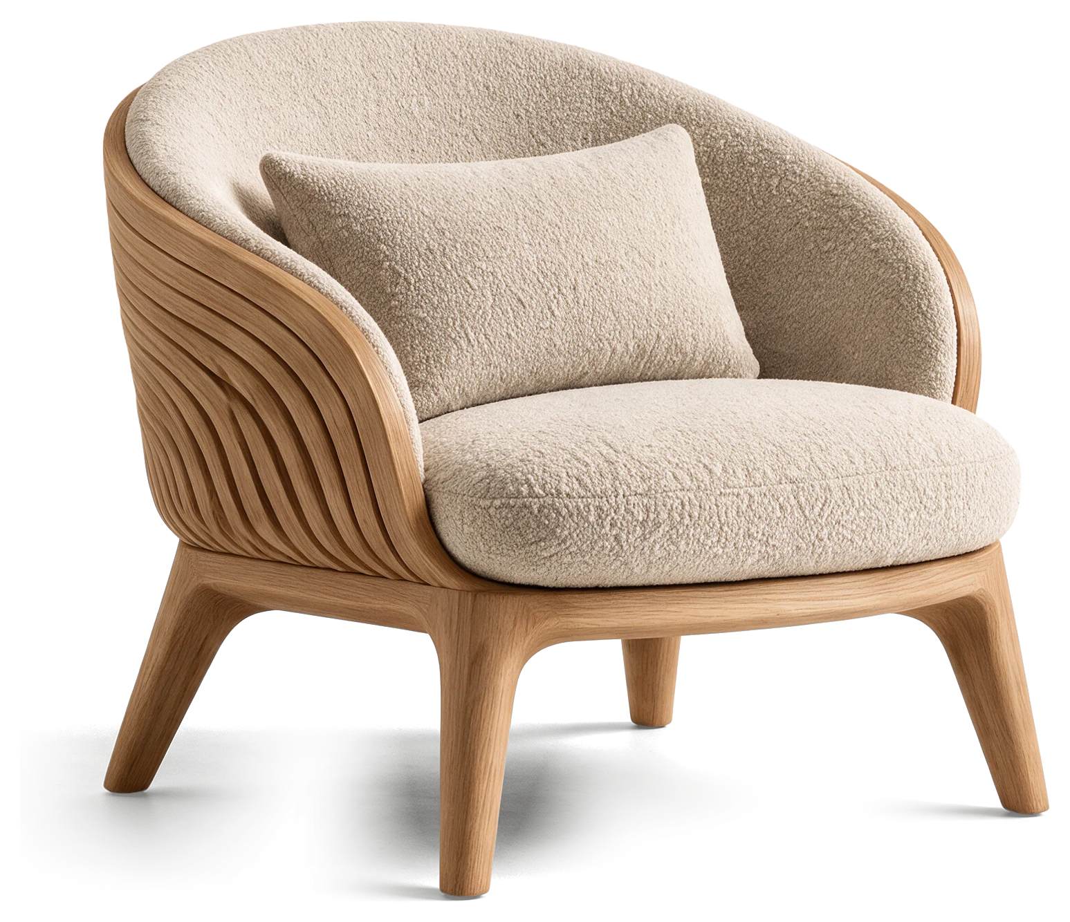 Lounge Chair in Light Oak with bouclé upholstery, three-quarter view