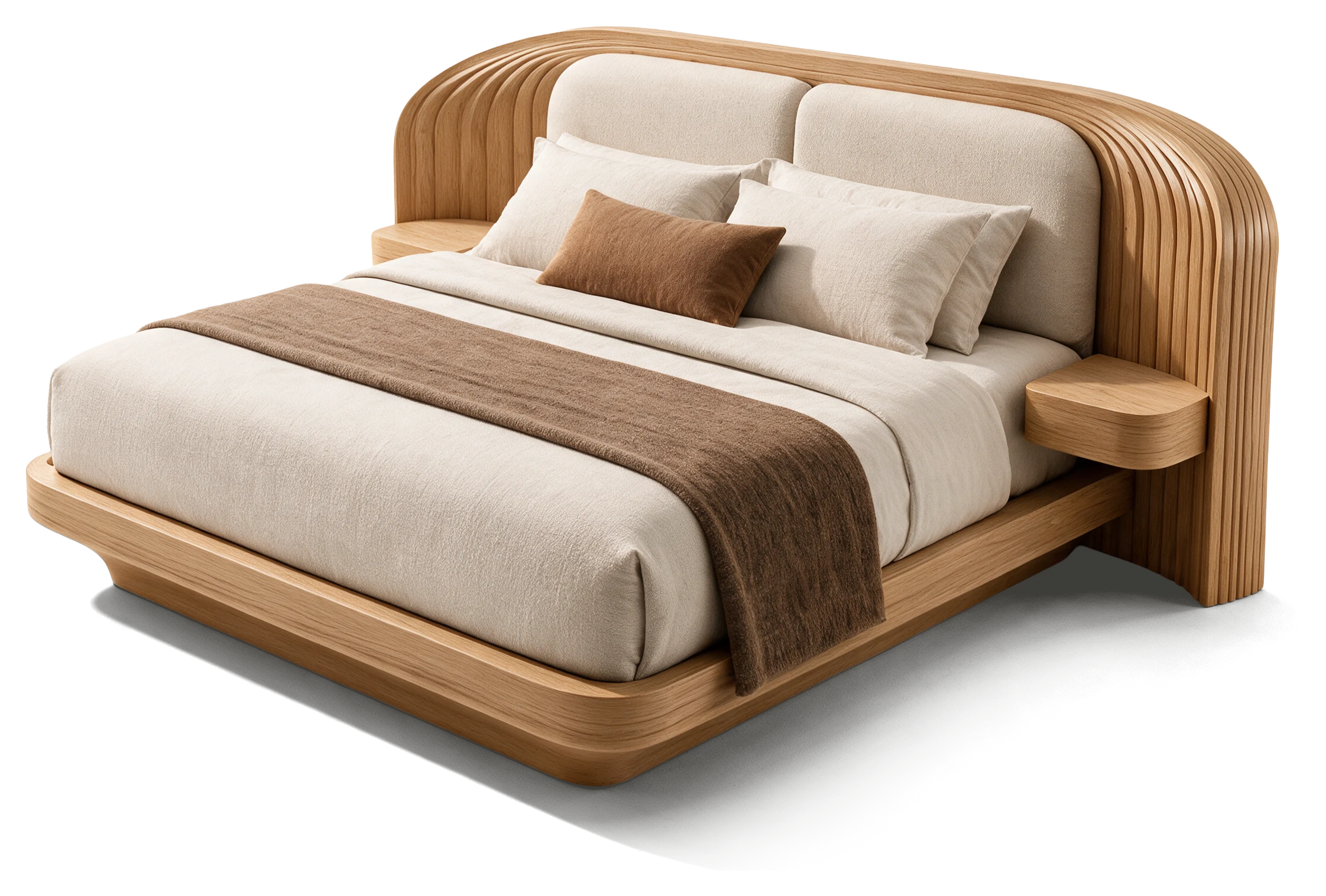 Bed in Light Oak with upholstered headboard and integrated nightstands, three-quarter view