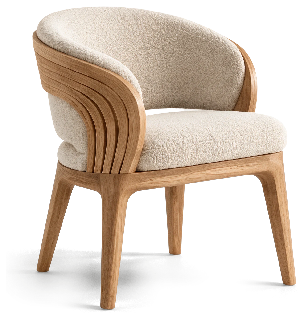 Hospitality Dining Chair in Light Oak with bouclé upholstery, three-quarter view